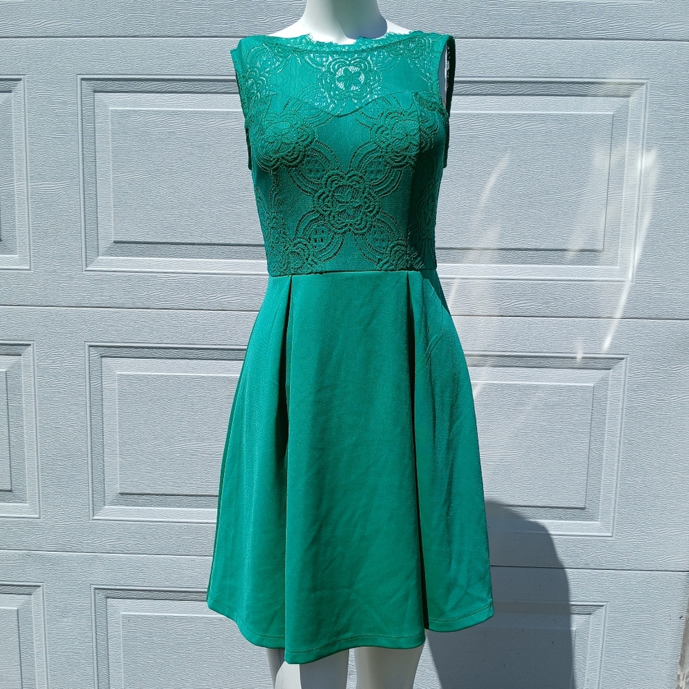 NEW NWT Francesca's Size S Small Jade Green Lace Fit n Flare Dress Stretchy